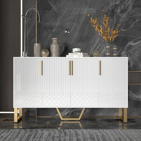 Credenza Merax 140X40X80 Cm In Bianco Lucido, Cassettiera Con 4 Ante, Credenza Con Maniglie E Gambe In Metallo, Buffet Con Funzione Push-To-Open-image
