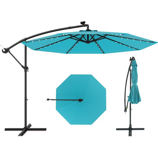 Ombrellone Costway φ300Cm, Ombrellone A Sbalzo Con 40 Luci Led Solari E Manovella, Ombrellone Da Giardino, Ombrellone Da Mercato, Ombrellone Da Patio Turchese-image