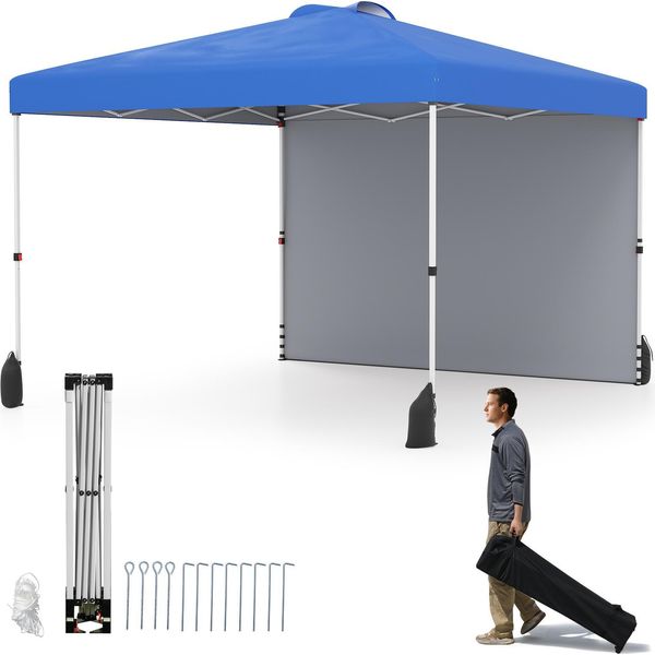 Gazebo Pop-Up Costway 3X3M, Gazebo Da Giardino Portatile Con Parete Laterale, Paralume, Borsa, 8 Picchetti, 4 Ancore, 4 Corde Per Il Vento E 4 Sacchi Di Sabbia Blu-image