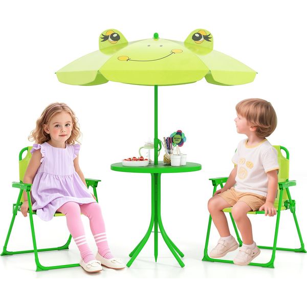 Costway Set Da Picnic Per Bambini Da 4 Pezzi, Tavolo Per Attività All'aperto Con 2 Sedie Pieghevoli E Ombrellone Regolabile In Altezza Per Bambini Da 3 A 6 Anni-image