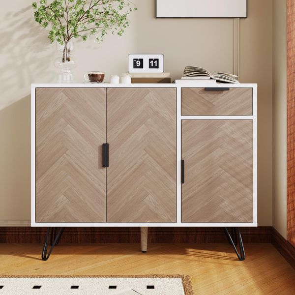 Credenza Flieks, Mobile Contenitore Con Cassetto, Cassettiera Per Sala Da Pranzo Soggiorno Corridoio, Mobile Effetto Legno, Colore Bianco Legno-image