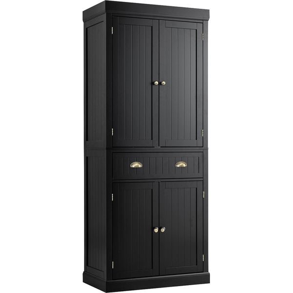 Mobile Da Cucina In Legno Costway, Mobile Buffet Con Ripiani Regolabili, 4 Ante E Cassetti, Mobile Alto Da Cucina A Buffet 76 X 40 X 183 Cm, Nero-image