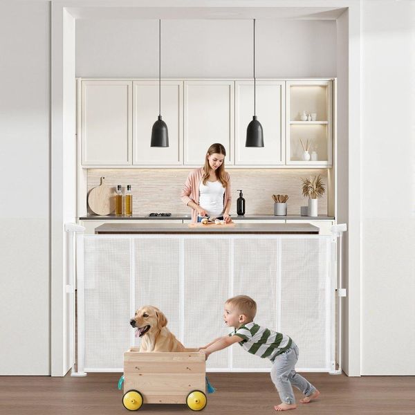 Cancelletto Di Sicurezza Per Bambini Estensibile 87Cm Bianco - Cancelletto Retrattile Per La Sicurezza Degli Animali Domestici-image