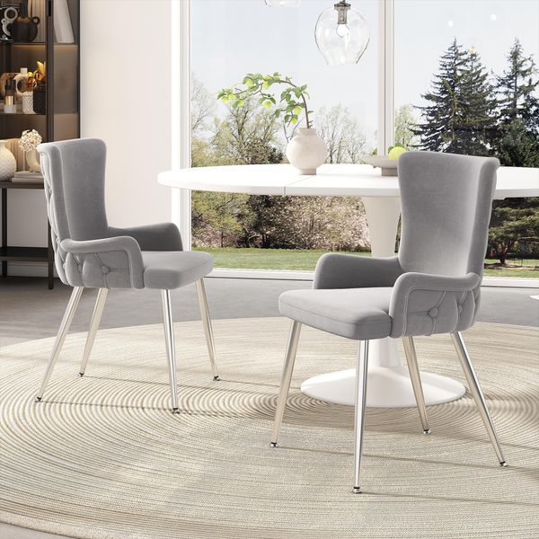 Set Di 2 Sedie Flieks, Sedia Da Sala Da Pranzo Con Rivestimento In Velluto, Sedia Da Salotto Elegante Con Gambe In Metallo Argentato, Sedie Da Cucina Sedia Da Soggiorno, Grigio-image