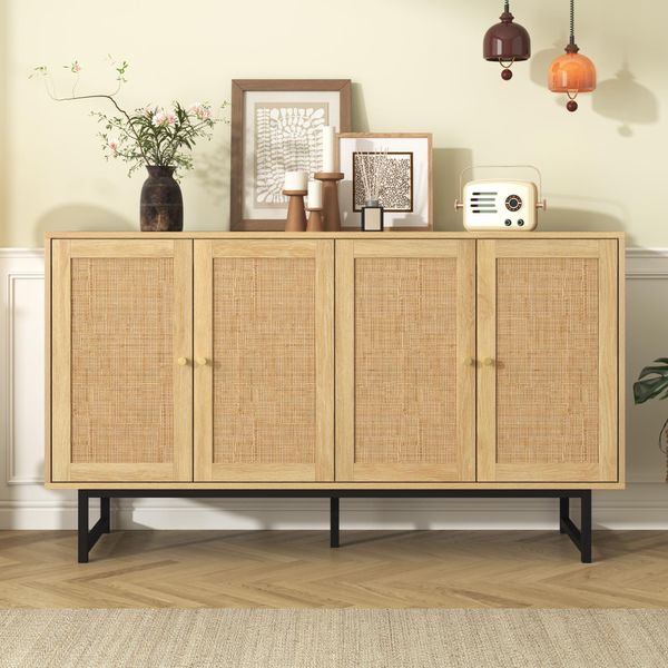 Merax Credenza A 4 Ante In Rattan Mobile Contenitore Credenza In Rattan Wicker Cassettiera Ad Ante, Larghezza:140Cm-image