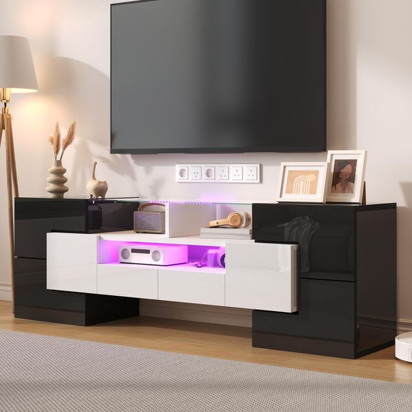 Mobile Tv Merax Lucido (1 Pezzo) Con Led E Spazio Di Archiviazione, Tavolo Tv, Supporto Tv, Larghezza: 145 Cm, Nero-image