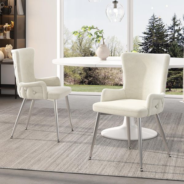 Set Di 2 Sedie Flieks, Sedia Da Sala Da Pranzo Con Rivestimento In Velluto, Sedia Da Salotto Elegante Con Gambe In Metallo Argentato, Sedie Da Cucina Sedia Da Soggiorno, Beige-image