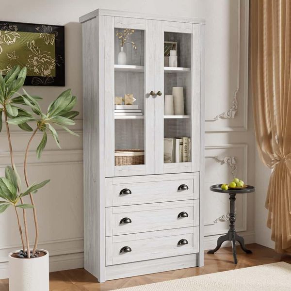 Cassettiera Aiorber, Con Ante In Vetro, 3 Cassetti Ed Eleganti Maniglie In Rame, Mobile Alto, 80 X 34 X 171 Cm, Per Soggiorno, Ufficio E Corridoio, Colore Legno-image