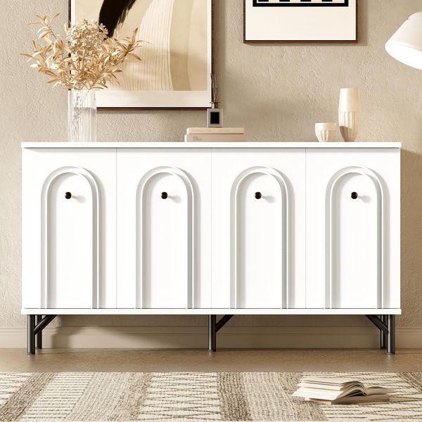 Credenza Flieks, Mobile In Bianco Lucido, Credenza A 4 Ante, Mobile Laterale In Stile Semplice, Per Soggiorno, Sala Da Pranzo E Corridoio, Bianco-image