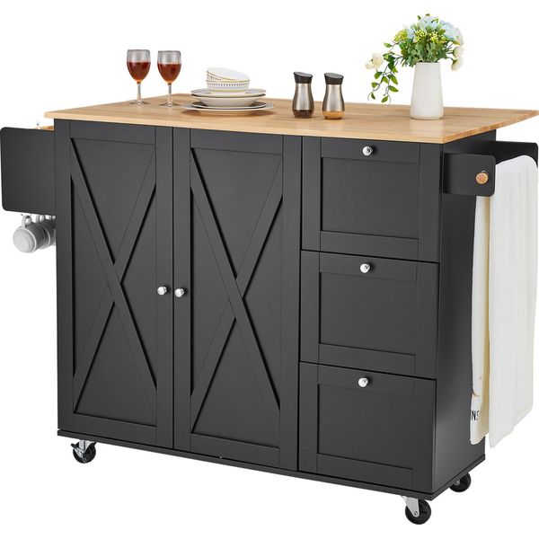 Succebuy Carrello Per Isola Da Cucina Da 56" Con Piano In Legno, Mobile Contenitore, Tavolo Rotante Con Ante A Ribalta, Portaspezie, Portasciugamani, Ripiano Regolabile, Cassetto E Gancio, Portatile Su Ruote, Nero"-image