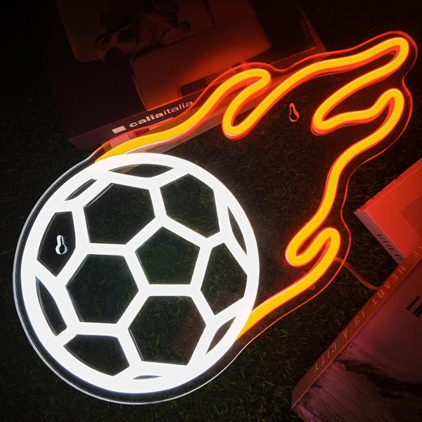 Luce Led Neon, Applique Decorativa, Pallone Da Calcio Acceso, Bianco Arancio, Circa 35 X 26 X 2 Cm-image