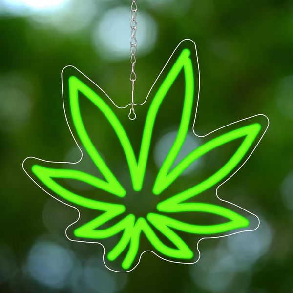 Luce Led Neon, Applique Decorativa, Foglia Di Canapa, Foglia Di Cannabis, Verde, Circa 26 X 30,5 Cm-image