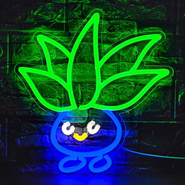 Luce Led Neon, Applique Decorativa, Figura Vegetale, Verde Blu, Circa 35 X 35 X 2 Cm-image