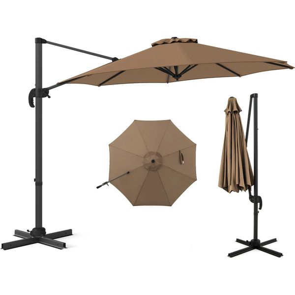 Ombrellone Costway 300X300Cm, Ombrellone A Sbalzo Con Manovella, Ombrellone Da Giardino Inclinabile, Ruotabile A 360°, Ombrellone Grande Da Patio, Ombrellone Rotondo Da Mercato Marrone-image