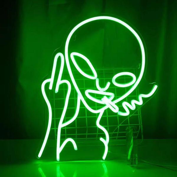 Luce Led Neon, Applique Decorativa, Aliena Con Inclinazione, Verde, Circa 40,5 X 30 X 2 Cm-image