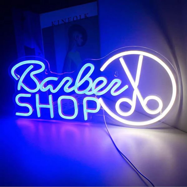 Luce Led Neon, Applique Decorativa, Barbiere Blu Bianco, Circa 42 X 20 X 2 Cm-image
