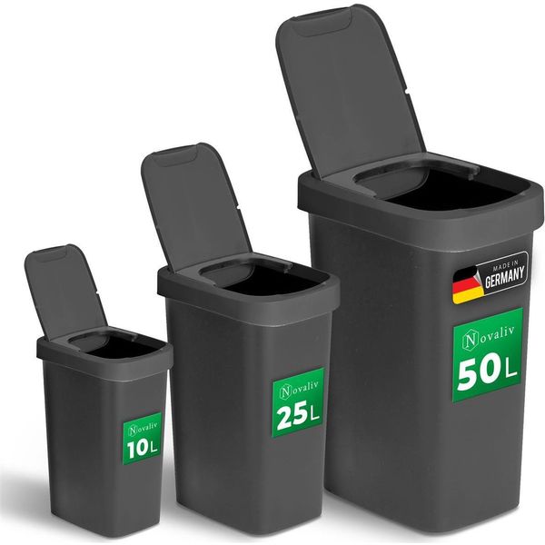 Novaliv Set Di Cestini Per Rifiuti 10L + 25L + 50L, Cestino Per Rifiuti Con Coperchio 2In1, Coperchio A Cerniera E Coperchio Girevole, Cestino Per Rifiuti Antiodore Per Cucina Casa Ufficio, Cestino Per Rifiuti In Plastica-image
