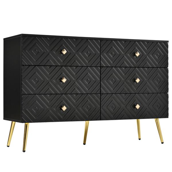 Lvhom Cassettiera Con 6 Cassetti E Gambe In Metallo Dorato, Cassettiera Credenza Scandi Mobile Contenitore, Mobile Tv Credenza, Nero-image