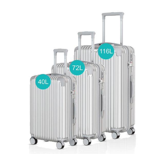 Voyagoux® - Set Di Valigie Da Viaggio - 3 Pezzi - Valigia Da Viaggio Con Ruote - Argento - Chiusura Tsa-image