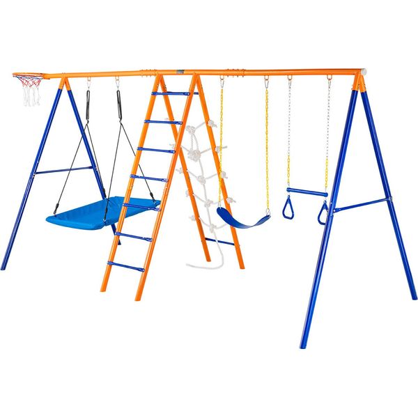 Succebuy Set Di Altalene 6 In 1, Capacità Di 440 Libbre, 2 Altalene, Trapezio, Scala, Rete Di Arrampicata, Canestro Da Basket Per Il Giardino Di Casa-image