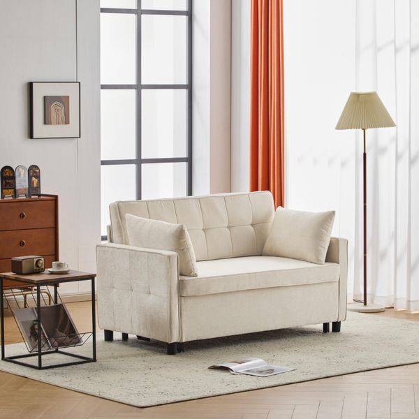 Divano Letto A Due Posti Merax Con Funzione Letto - Tessuto In Ciniglia Bianco, Schienale Regolabile, Zona Notte E Zona Giorno 2 In 1, Beige-image