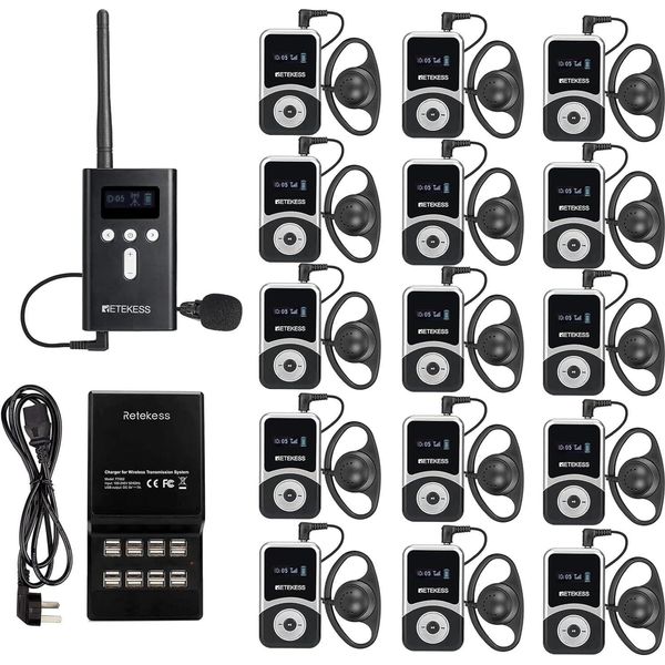 Retekess T130S Upgrade Sistema Audio Per Guide Turistiche, Attrezzatura Per Guida Turistica Whisper Audio, 49 Canali, Con Barra Di Ricarica TT002 A 16 Slot, Per Fabrib Itinerante-image