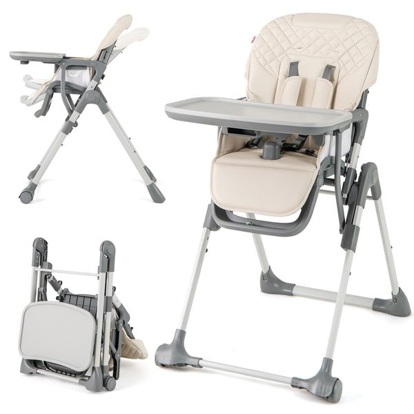 Costway Seggiolone Pieghevole Per Bambini, Seggiolone Portatile Regolabile Con Poggiapiedi, Vassoio Rimovibile, Cuscino Di Seduta In Pu, Imbracatura Di Sicurezza A 5 Punti-image