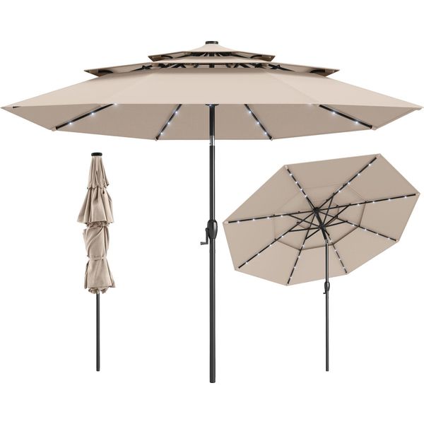 Costway Ombrellone Da 300 Cm Con Illuminazione Solare A Led E Manovella, Ombrellone Da Giardino Pieghevole A 35°, Ombrellone Da Giardino, Ombrellone Da Mercato, Beige-image