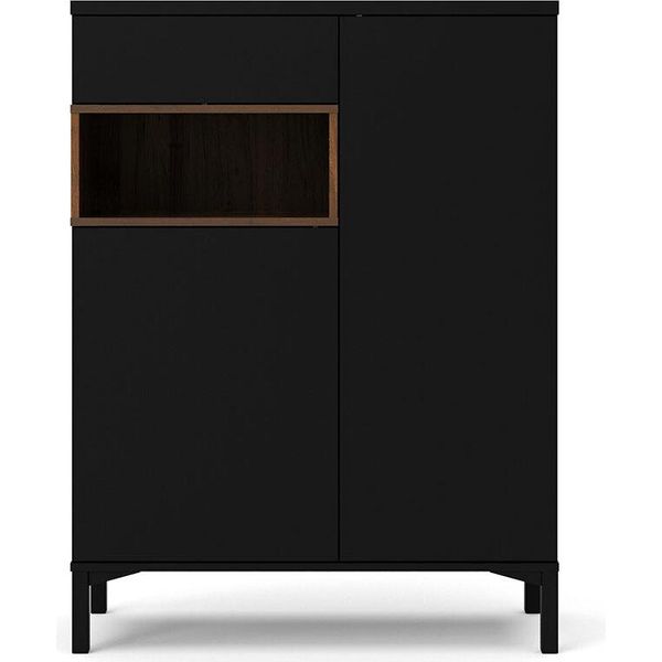 Piccola Credenza 2 Ante, 1 Cassetto E 1 Scomparto, Decorazioni In Nero E Noce.-image