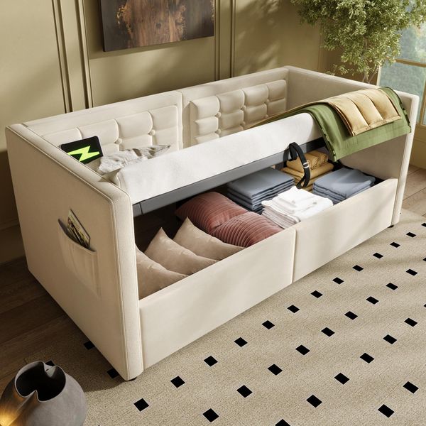 Flieks Letto Imbottito Idraulico 90X200Cm Con Usb E Type C, Divano Letto Daybed Con Vani Portaoggetti, Daybed Letto Singolo Letto Per Ragazzi, Velluto, Beige-image