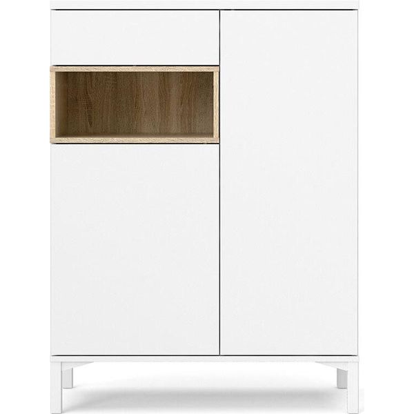Credenza Piccola 2 Ante, 1 Cassetto E 1 Scomparto Decoro Bianco E Rovere.-image