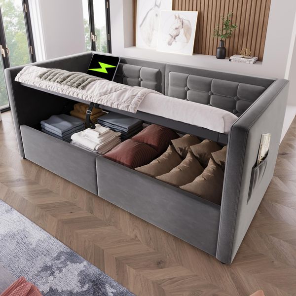 Letto Imbottito Idraulico Flieks 90X200Cm Con Usb E Type C, Divano Letto Daybed Con Vani Portaoggetti, Daybed Letto Singolo Letto Per Ragazzi, Velluto, Grigio-image
