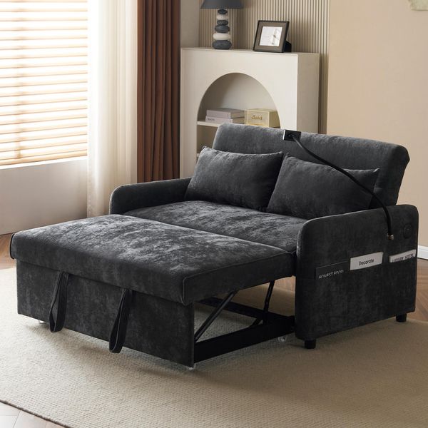 Divano Letto Merax, Divano Letto Pieghevole A 2 Posti Con Funzione Letto, Schienale Regolabile, Porta Di Ricarica Usb E Porta Cellulare, Divano Letto In Ciniglia, Divano, Grigio-image