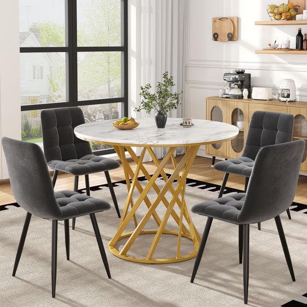 Set Da Pranzo Flieks 5 Pezzi, Tavolo Da Pranzo Con 4 Sedie, Tavolo Rotondo 80X80X76 Cm, Sedie Da Pranzo In Velluto, Oro + Grigio-image