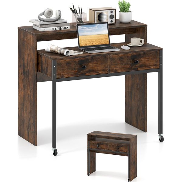 Costway Scrivania Allungabile, Piccola Scrivania Per Computer Con 2 Cassetti, Struttura In Metallo E Rotelle, Scrivania Per Ufficio, Scrivania Da Lavoro, Scrivania Per Pc 100X63X88 Cm Naturale-image