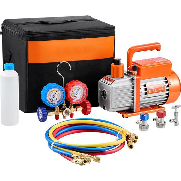 Succebuy Pompa Per Vuoto Ca Da 3,5 Cfm, Rotativa A Palette Monostadio, Set Di Manometri Per R134A, R12, R22, R502A, Kit Di Refrigerazione Hvac Con Tubi Flessibili-image