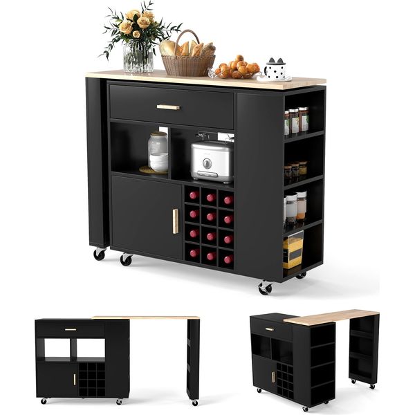 Costway Carrello Da Cucina E Tavolo Da Bar, Isola Da Cucina Con Ripiano, Portabottiglie, Cassetto E Portaspezie, Mobile Da Cucina Su Ruote, Carrello Da Portata, Nero-image