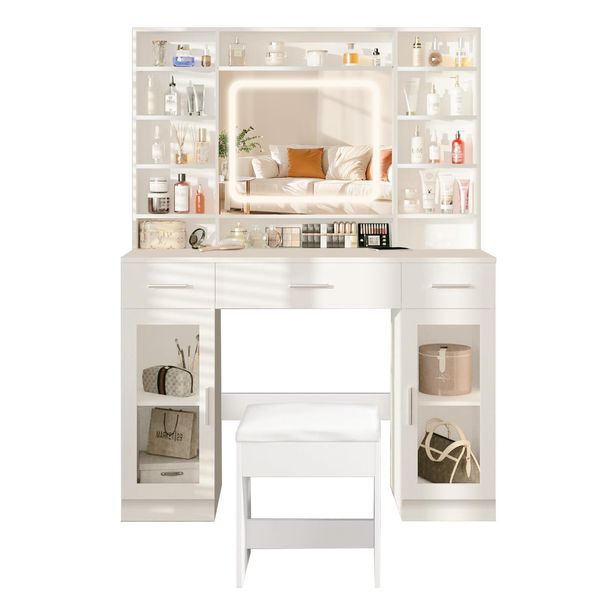 Aiorber Toeletta Con Specchio Led, 3 Colori Di Luce, Controllo Touch, Cassetti E Sgabello, Ampio Spazio – Bianco-image