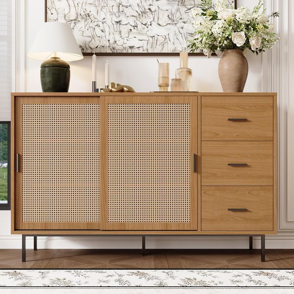 Credenza Merax Con 2 Ante Scorrevoli, 3 Cassetti, Ripiani Regolabili, Credenza In Stile Country Per Soggiorno Sala Da Pranzo, Natura-image