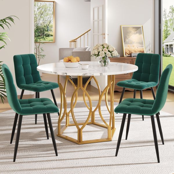 Set Da Pranzo Flieks 5 Pezzi, Tavolo Da Pranzo Con 4 Sedie, Tavolo Rotondo 100X100X76 Cm, Sedie Da Pranzo In Velluto, Oro + Verde-image