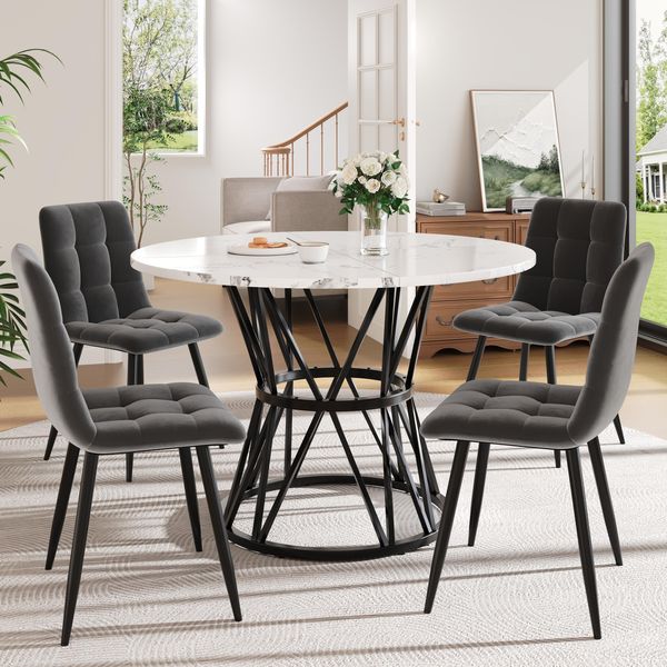 Set Da Pranzo Flieks 5 Pezzi, Tavolo Da Pranzo Con 4 Sedie, Tavolo Rotondo Con Piano In Marmo Mdf, 100X100X76 Cm, Sedie Da Pranzo In Velluto, Nero + Grigio-image