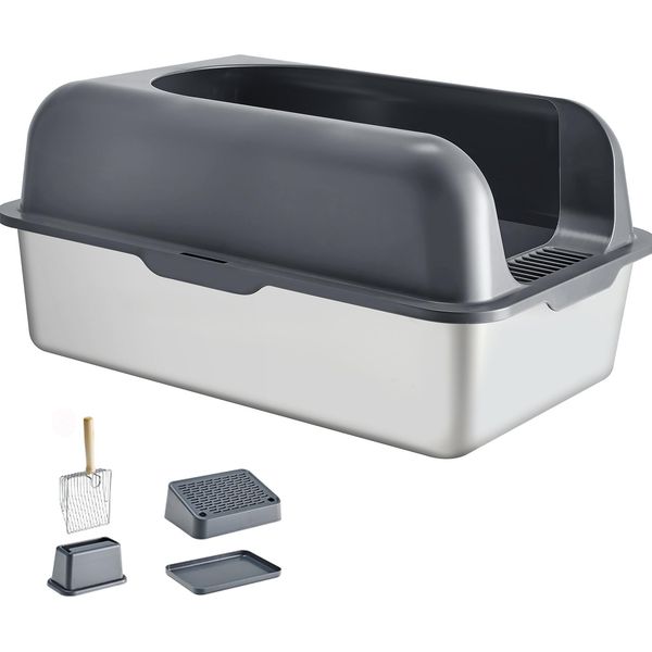 Lettiera Succebuy Extra-Large In Acciaio Inox, Profonda 15 Cm, Con Paletta, Ampio Vano Filtro, Inodore, Facile Da Pulire, Lati Alti, Ideale Per Gatti Di Grossa Taglia-image