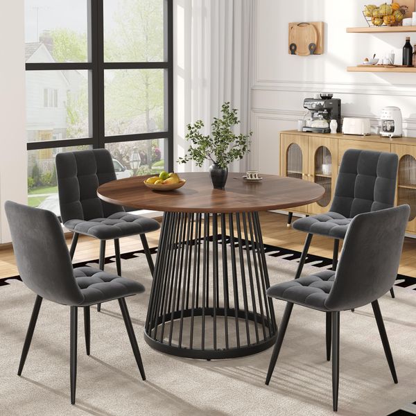 Set Da Pranzo Flieks, Tavolo Da Pranzo Con 4 Sedie, Tavolo Rotondo 80X80X76 Cm, Sedie Imbottite Con Seduta In Velluto, Nero + Grigio-image