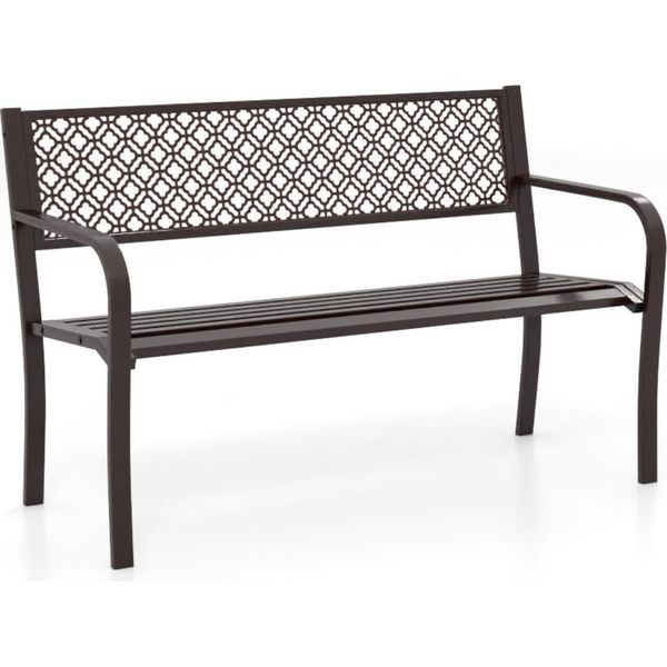 Panca Da Giardino Costway, Panca Per 2 Persone, Panca Da Balcone Con Schienale E Braccioli, Panca In Ferro, Caricabile Fino A 360 Kg, 127X59X82 Cm, Marrone-image
