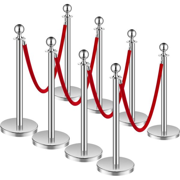 Succebuy Sistema Di Controllo Della Folla 8 Set Con Pali Barriera Argentati 4 Corde Di Velluto Rosso Base Cava Riempita Di Sabbia-image