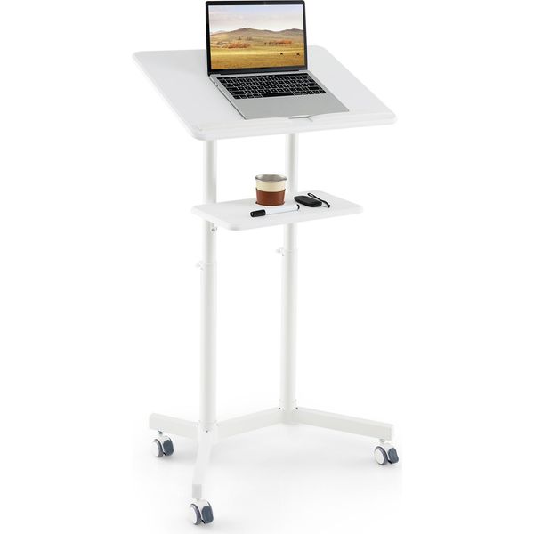 Leggio Mobile Costway, Leggio Regolabile In Altezza, Carrello Per Laptop Con Rotelle, Piano D'appoggio, Vano Portaoggetti E Portabicchieri, Supporto Per Pulpito, Bianco-image