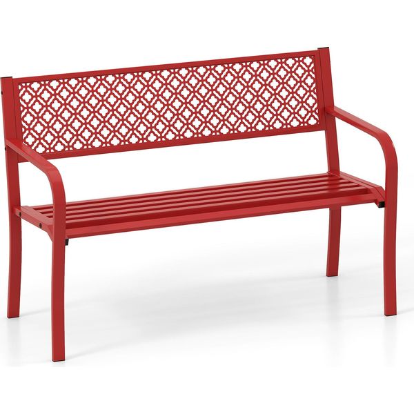 Costway Panca Da Giardino Per 2 Persone, Panca Resistente Alle Intemperie, Panca Da Balcone Con Schienale E Braccioli, Panca In Metallo Fino A 360 Kg 127X59X82Cm Rosso-image