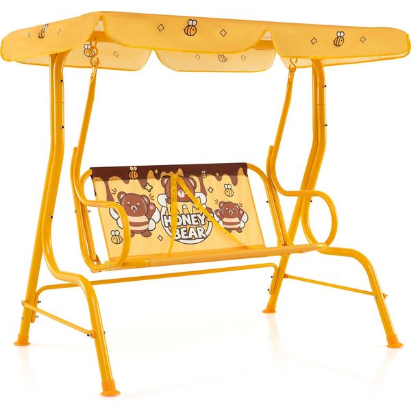Altalena Per Bambini Costway, Altalena Per Bambini A 2 Posti Con Tettuccio Regolabile E Cinture Di Sicurezza, Altalena Da Giardino Per Bambini Gialla-image