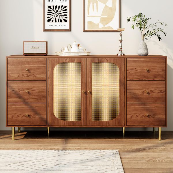 Credenza Flieks In Rattan A 2 Ante E 6 Cassetti, Mobile Da Soggiorno 160X40X90 Cm, Mobile Da Appoggio Tv, Colore Legno-image