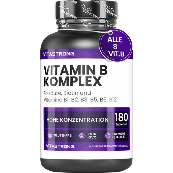 Complesso Vitaminico B Ad Alto Dosaggio Vitastrong, 1 Compressa Al Giorno, 180 Compresse Vitamine Del Gruppo B Biotina, Tiamina Vitamina B1, Riboflavina B2, B3 Niacina, Acido Pantotenico B5, Vitamina B6 B12 Acido Folico-image